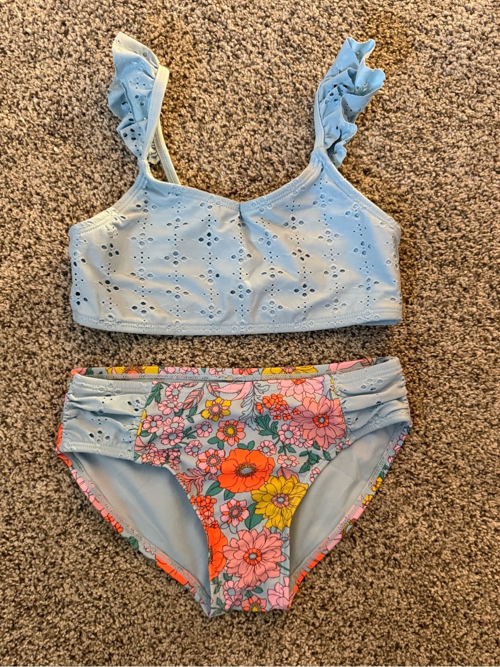 Cat & Jack Light Blue Floral Two Piece Swimsuit with Orange & Pink Flowers